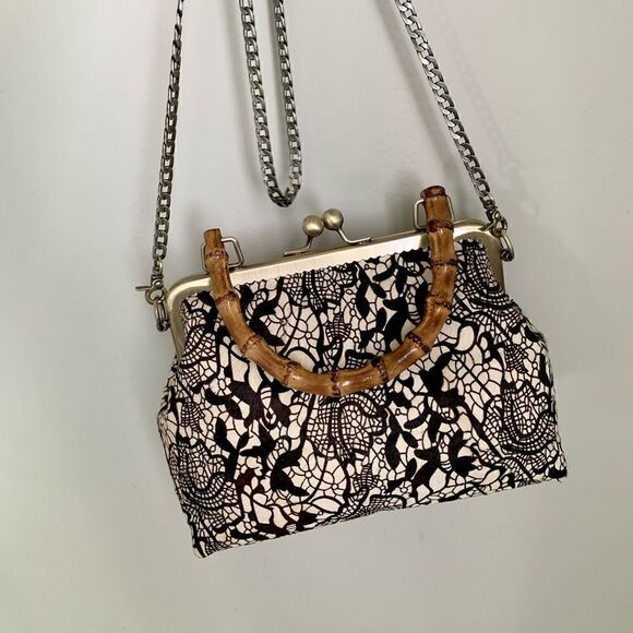 Chic Handmade Real hair-on-horsehide Black Lace Printed, Bamboo Handle Bag - Picture 7 of 16